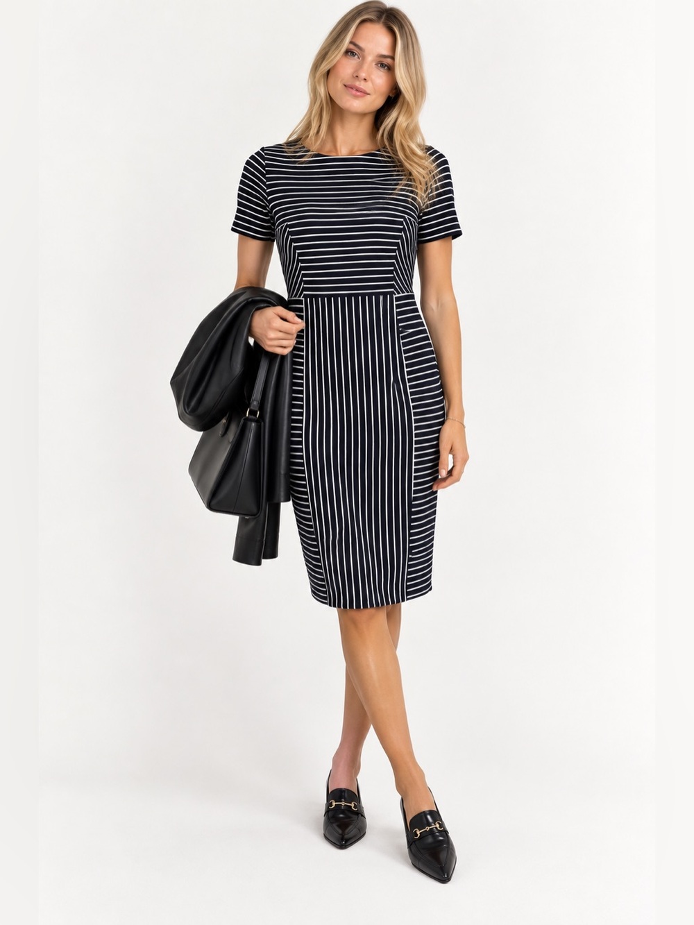 PRÉCIS Petite Navy White Striped Sheath Midi Dress Mixed Stripe Size 8